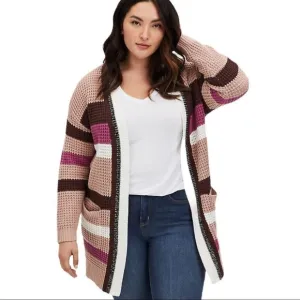 NEW Multicolor Striped Long Sleeve Open Front Pockets Mid Length Cardigan
