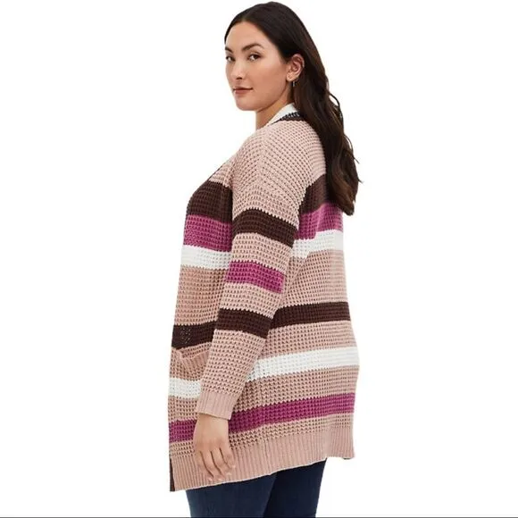 NEW Multicolor Striped Long Sleeve Open Front Pockets Mid Length Cardigan