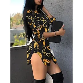 New Print Ladies Dress Sexy Nightclub Lace Short Dress Bend Hem Chain Print Belt Casual Shirt Dress