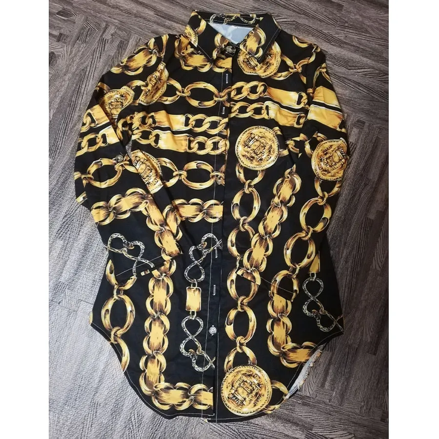 New Print Ladies Dress Sexy Nightclub Lace Short Dress Bend Hem Chain Print Belt Casual Shirt Dress
