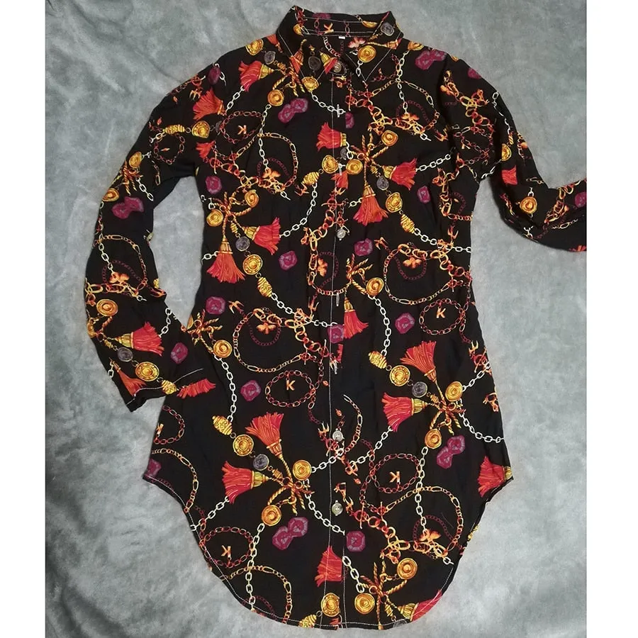 New Print Ladies Dress Sexy Nightclub Lace Short Dress Bend Hem Chain Print Belt Casual Shirt Dress