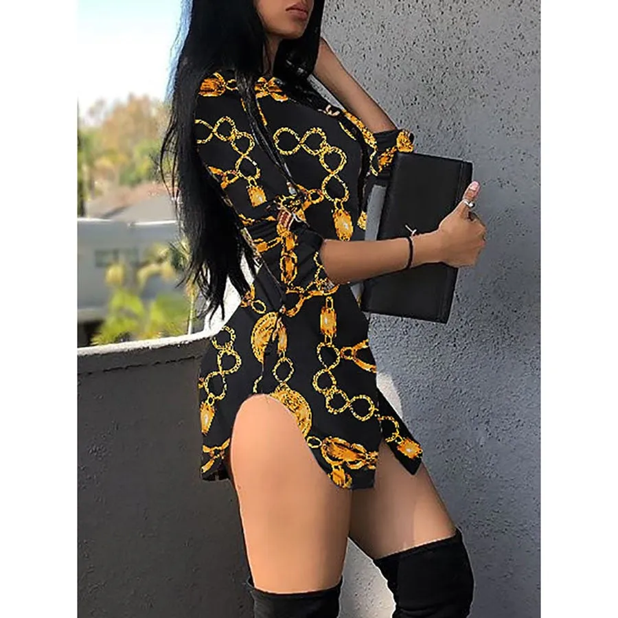 New Print Ladies Dress Sexy Nightclub Lace Short Dress Bend Hem Chain Print Belt Casual Shirt Dress