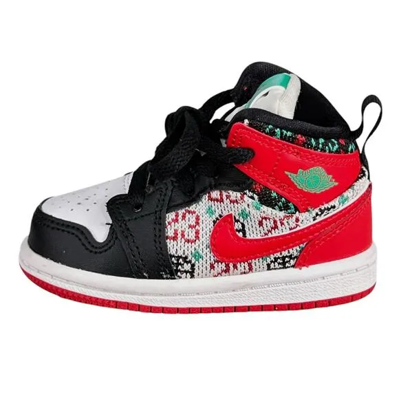 Nike Toddler Christmas Ugly Sweater Red Black Jordan 1 Mid SE Lace Up US 4C