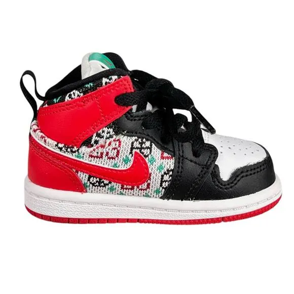 Nike Toddler Christmas Ugly Sweater Red Black Jordan 1 Mid SE Lace Up US 4C