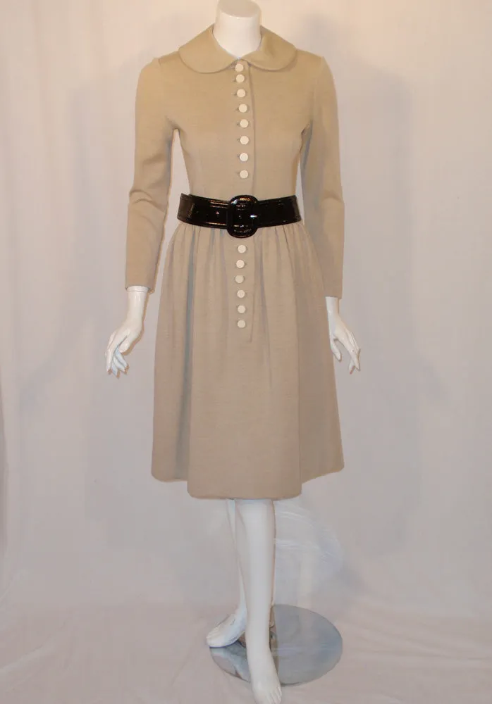 NORMAN NORELL 1950s Oatmeal Wool Dress with Cream Buttons
