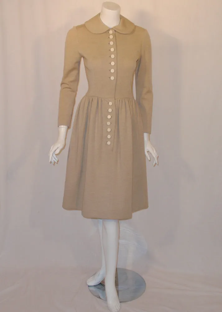 NORMAN NORELL 1950s Oatmeal Wool Dress with Cream Buttons