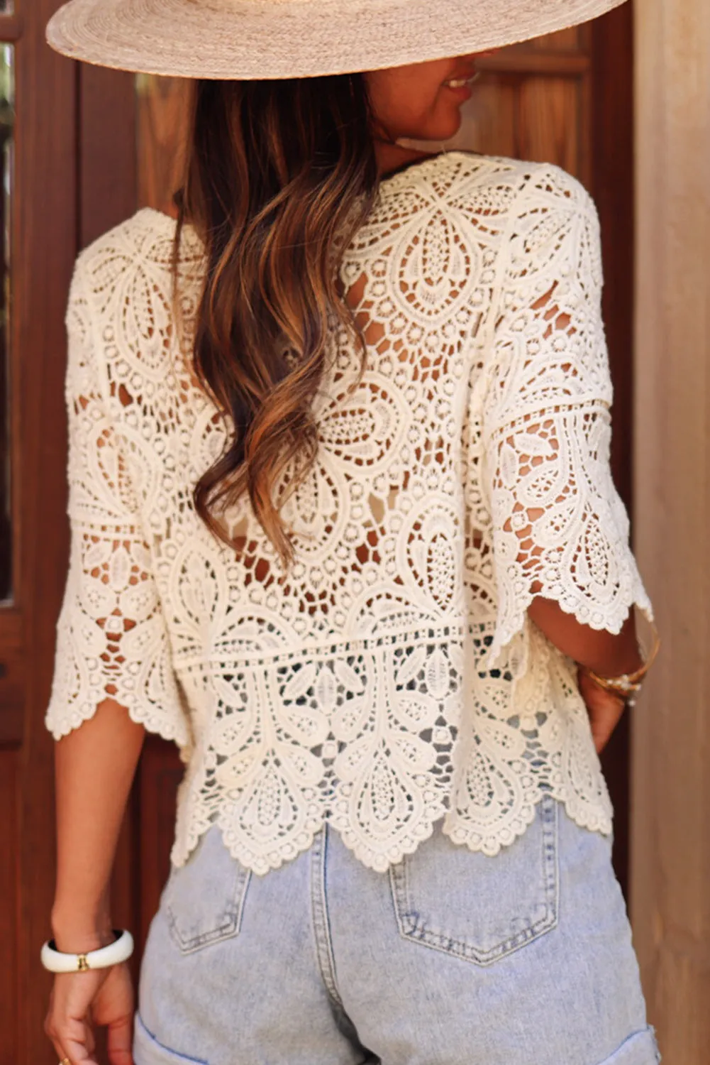 Oatmeal Bohemian Macrame Half Sleeve Blouse