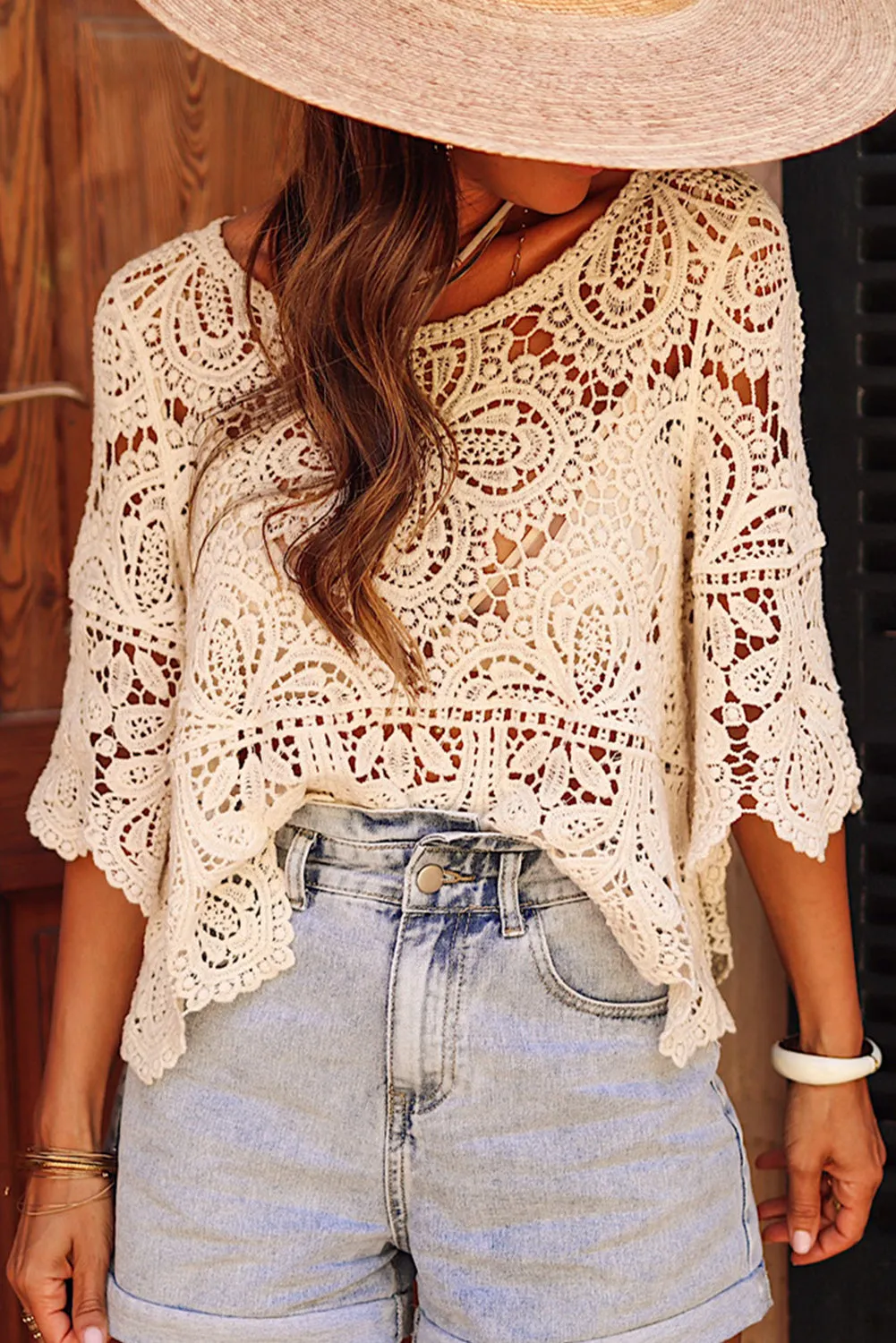 Oatmeal Bohemian Macrame Half Sleeve Blouse