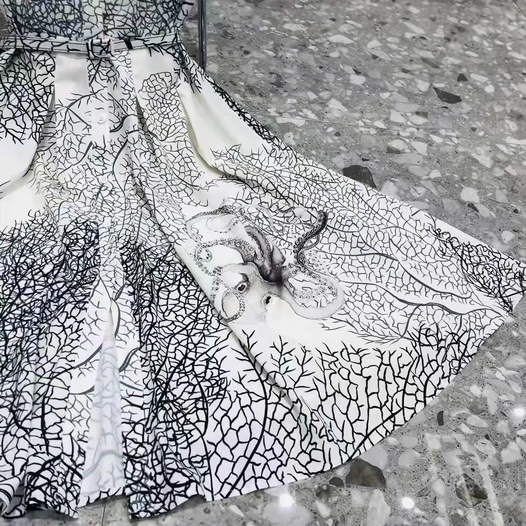 Octopus Print Lapel Shirt Dress