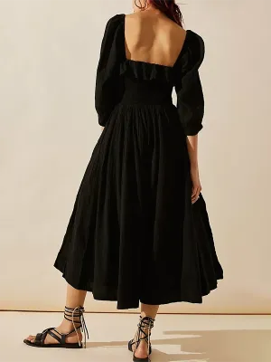 Off Shoulder Long Sleeve Square Neck Floral Ruffle Swing A Line Beach Maxi Casual Bohemian Dress