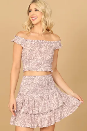 OFF SHOULDER PAISLEY TOP SMOCKED SKIRT
