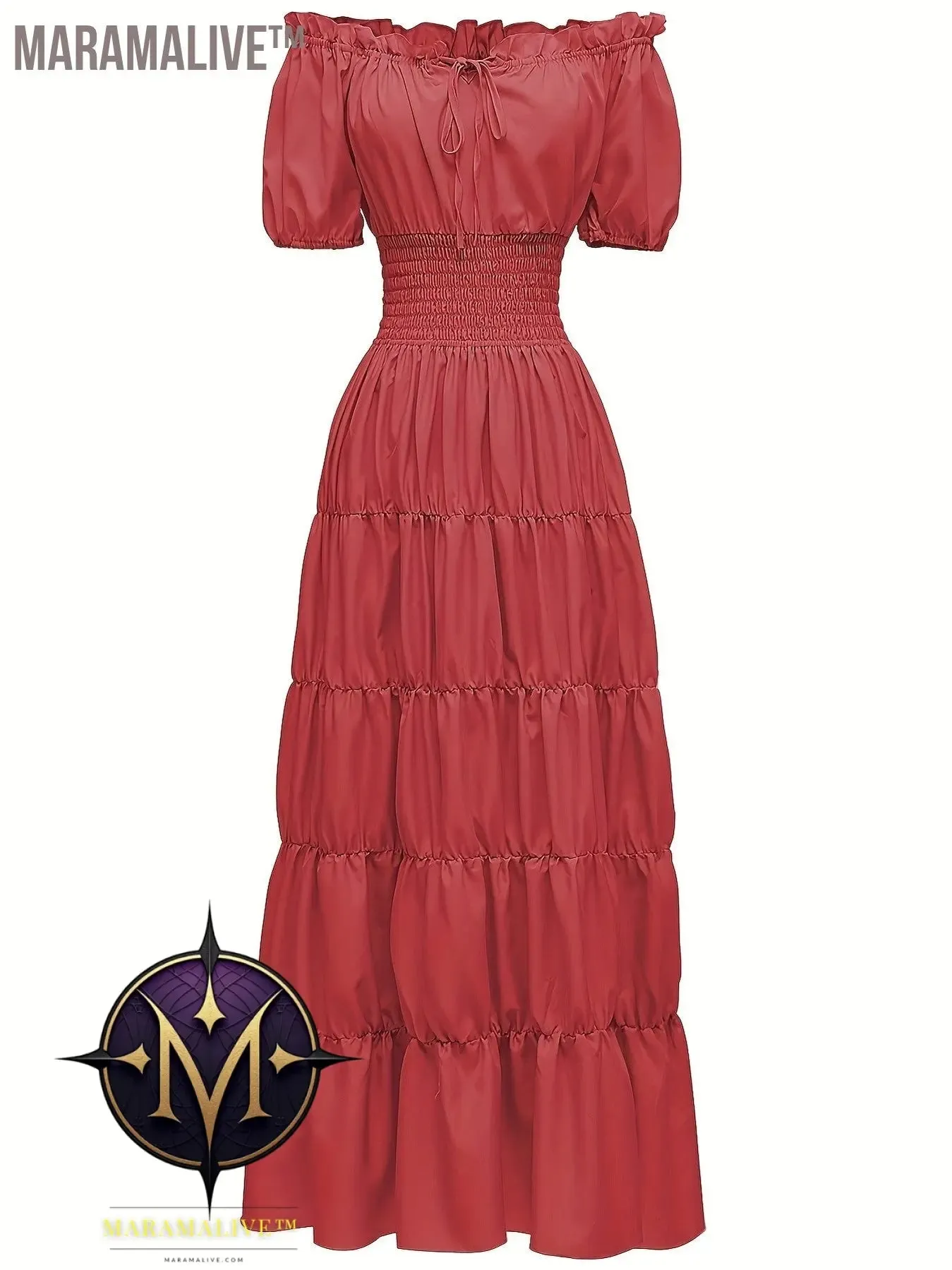 Off Shoulder Tiered Costume, Vintage Short Sleeve Solid Performance Carnival Dress, Women's Clothing