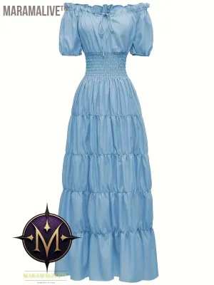 Off Shoulder Tiered Costume, Vintage Short Sleeve Solid Performance Carnival Dress, Women's Clothing