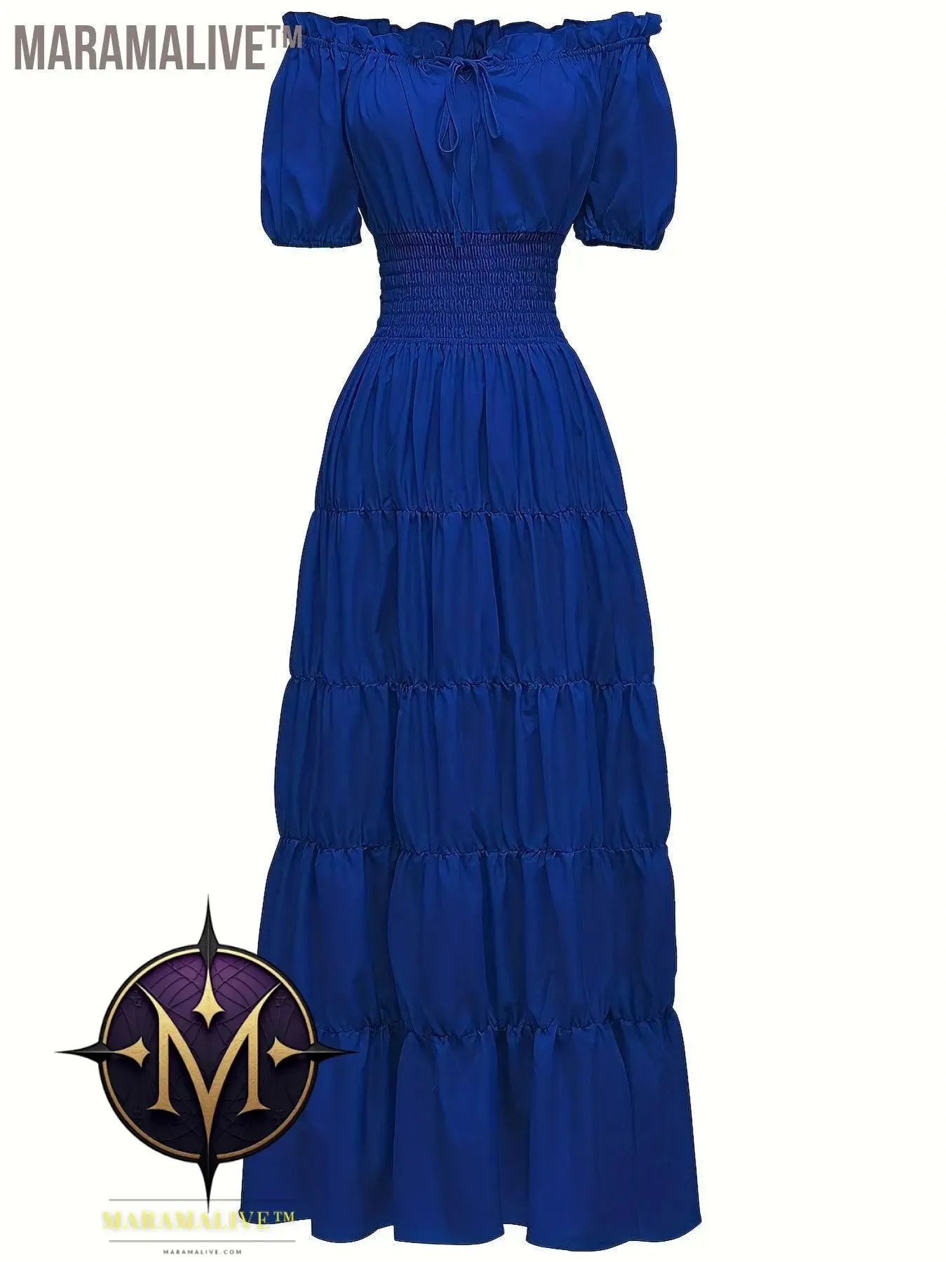 Off Shoulder Tiered Costume, Vintage Short Sleeve Solid Performance Carnival Dress, Women's Clothing