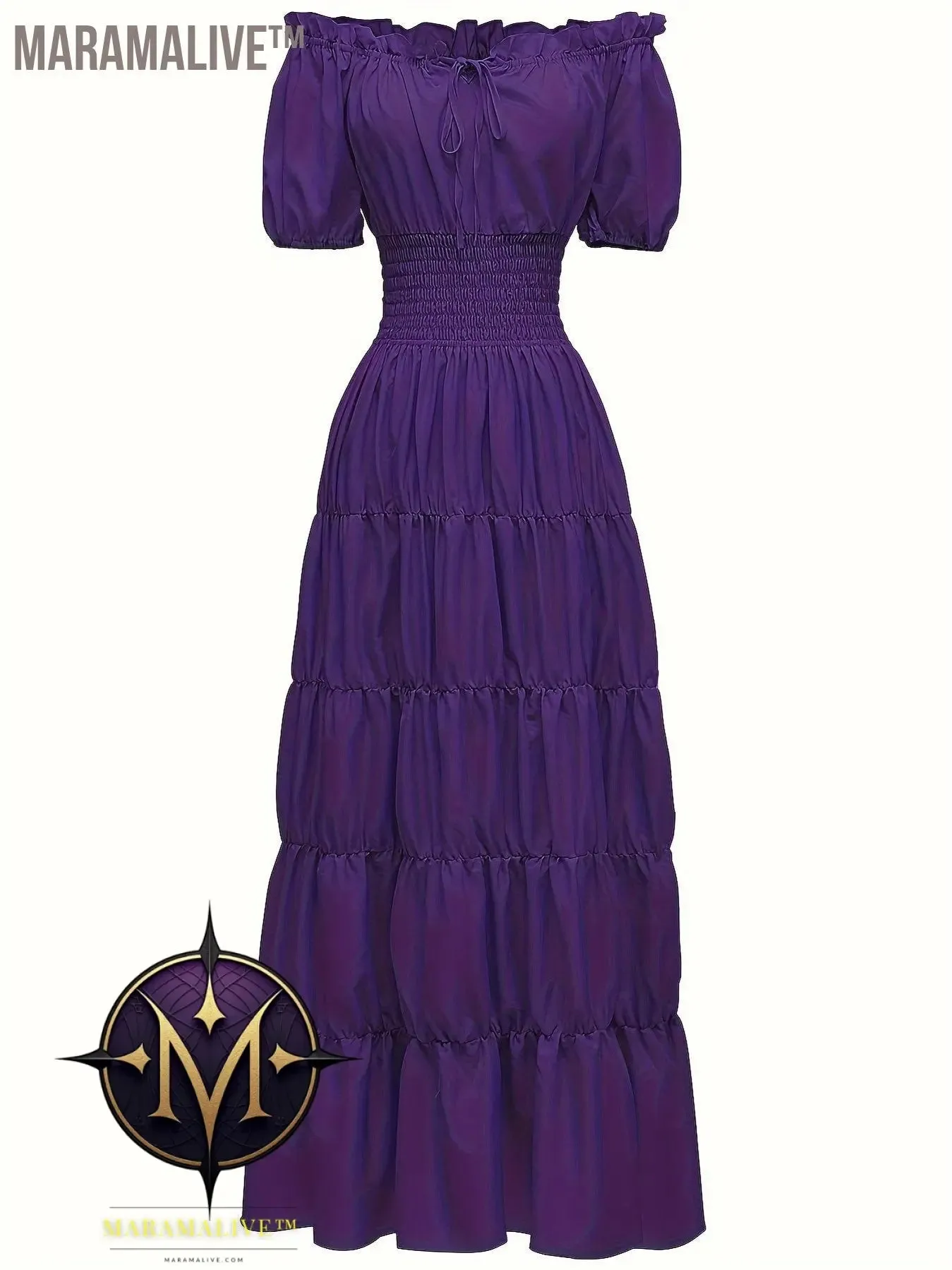 Off Shoulder Tiered Costume, Vintage Short Sleeve Solid Performance Carnival Dress, Women's Clothing
