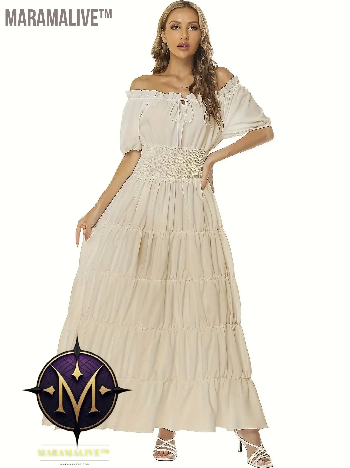 Off Shoulder Tiered Costume, Vintage Short Sleeve Solid Performance Carnival Dress, Women's Clothing