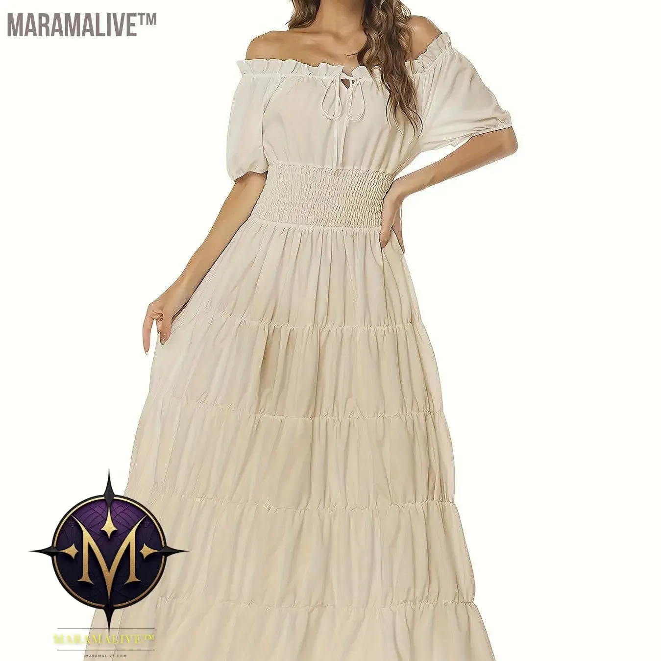 Off Shoulder Tiered Costume, Vintage Short Sleeve Solid Performance Carnival Dress, Women's Clothing