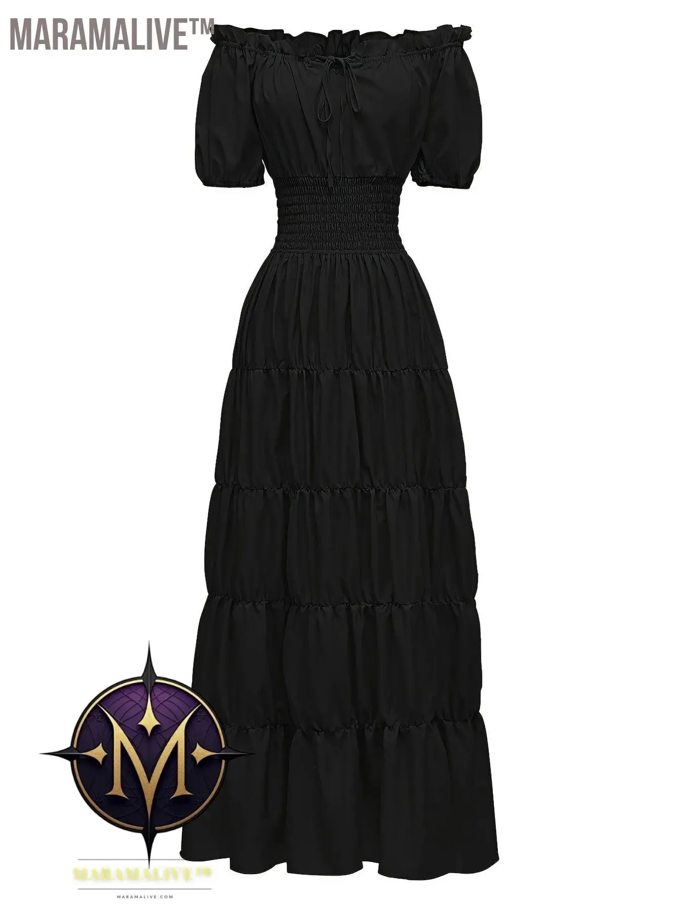 Off Shoulder Tiered Costume, Vintage Short Sleeve Solid Performance Carnival Dress, Women's Clothing