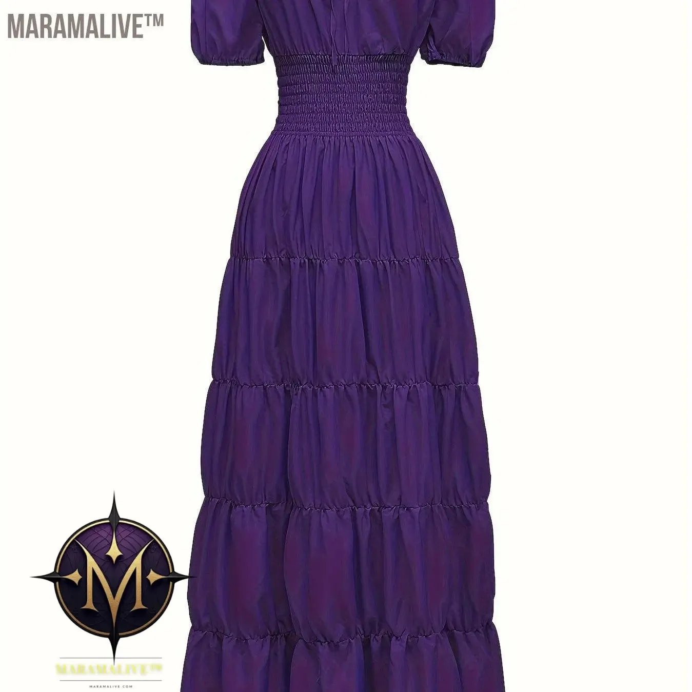 Off Shoulder Tiered Costume, Vintage Short Sleeve Solid Performance Carnival Dress, Women's Clothing