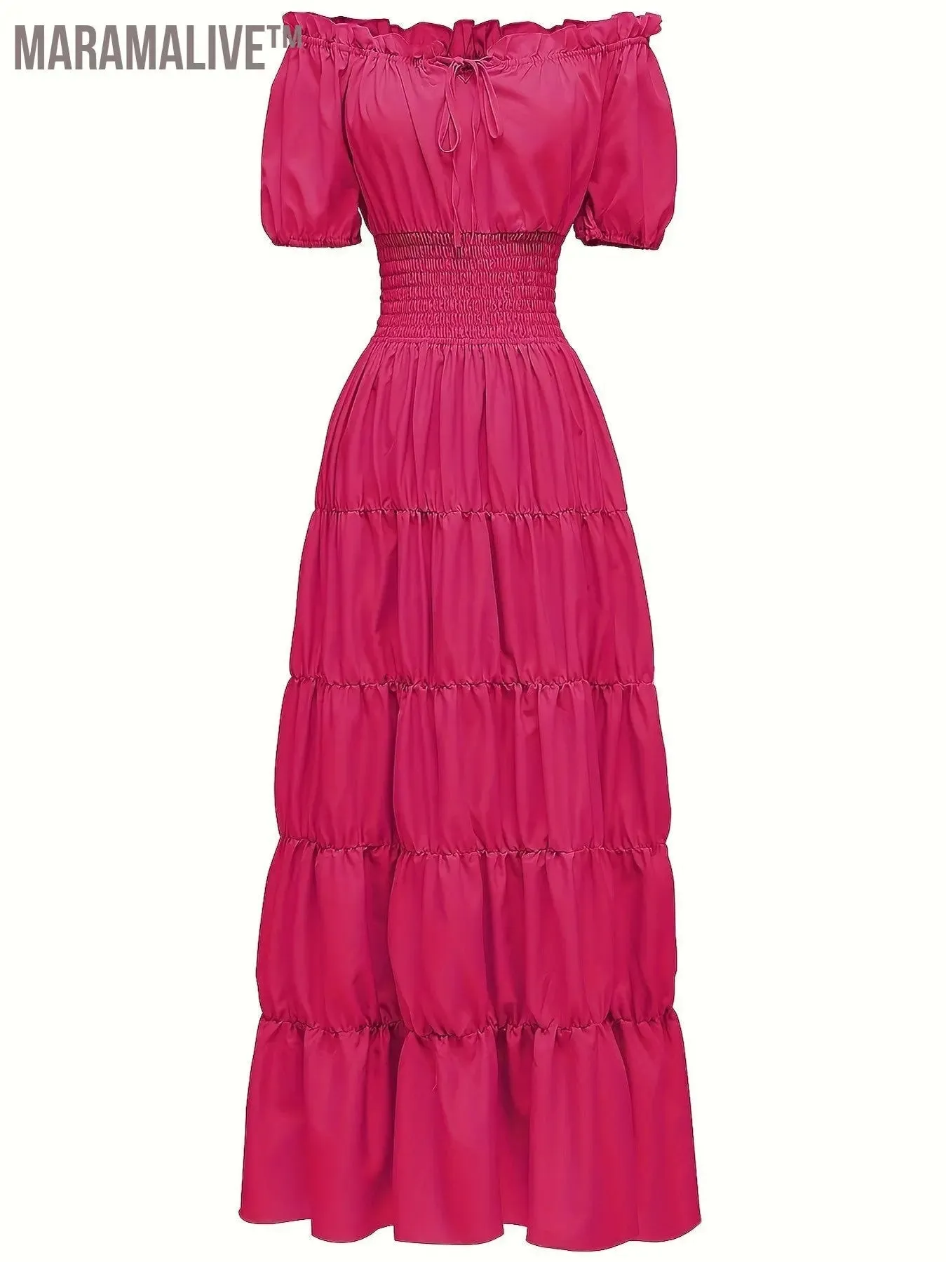 Off Shoulder Tiered Costume, Vintage Short Sleeve Solid Performance Carnival Dress, Women's Clothing