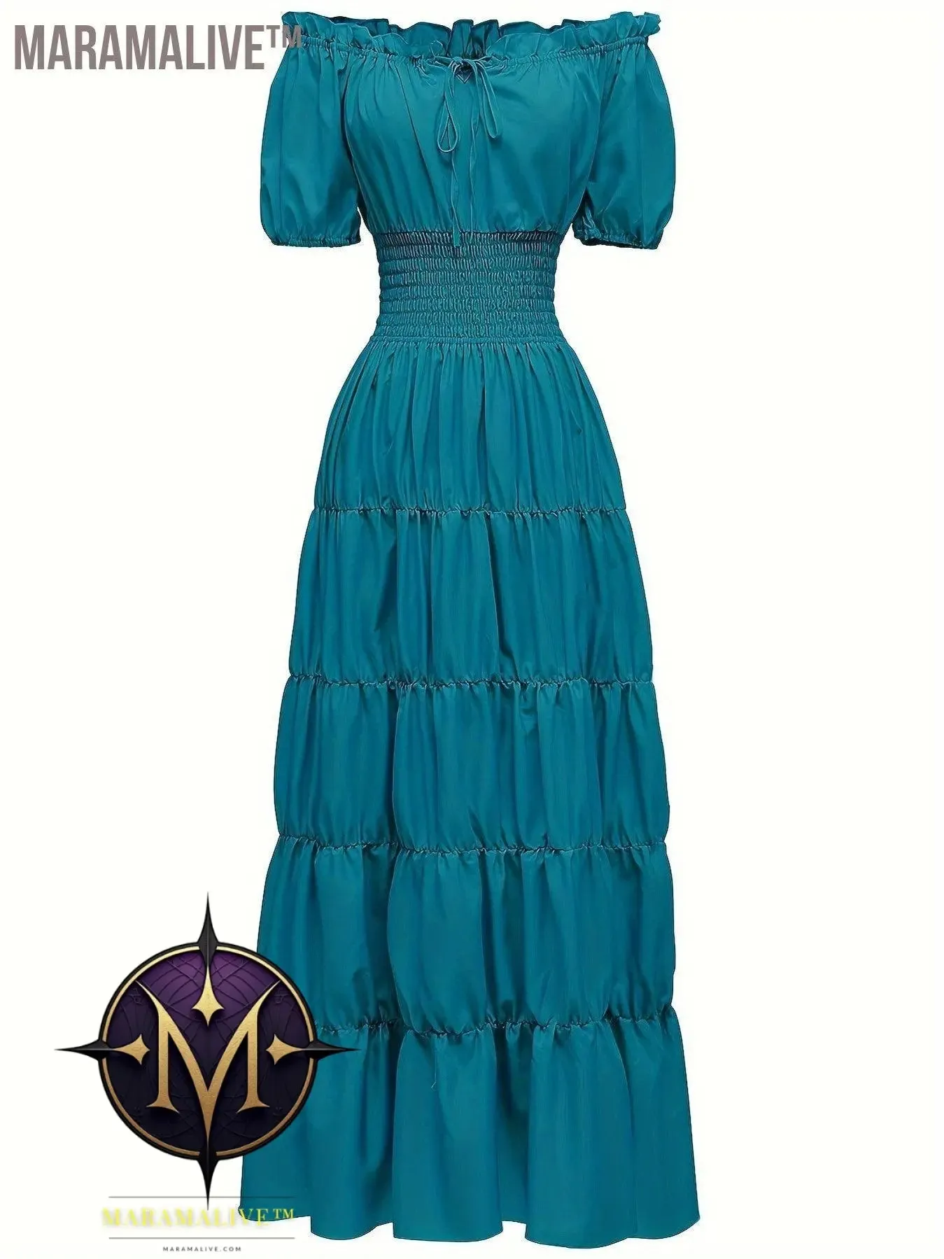 Off Shoulder Tiered Costume, Vintage Short Sleeve Solid Performance Carnival Dress, Women's Clothing