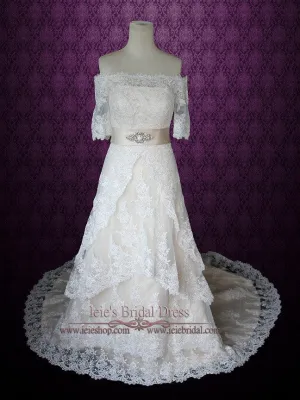 Off The Shoulder Lace Overlay Wedding Dress with Short Sleeves ILLIAN