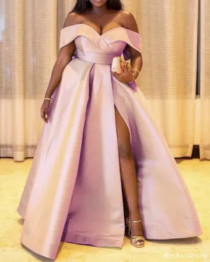 Off the Shoulder Plus Size Prom Dresses Stretch Satin UK Evening Dress with Split