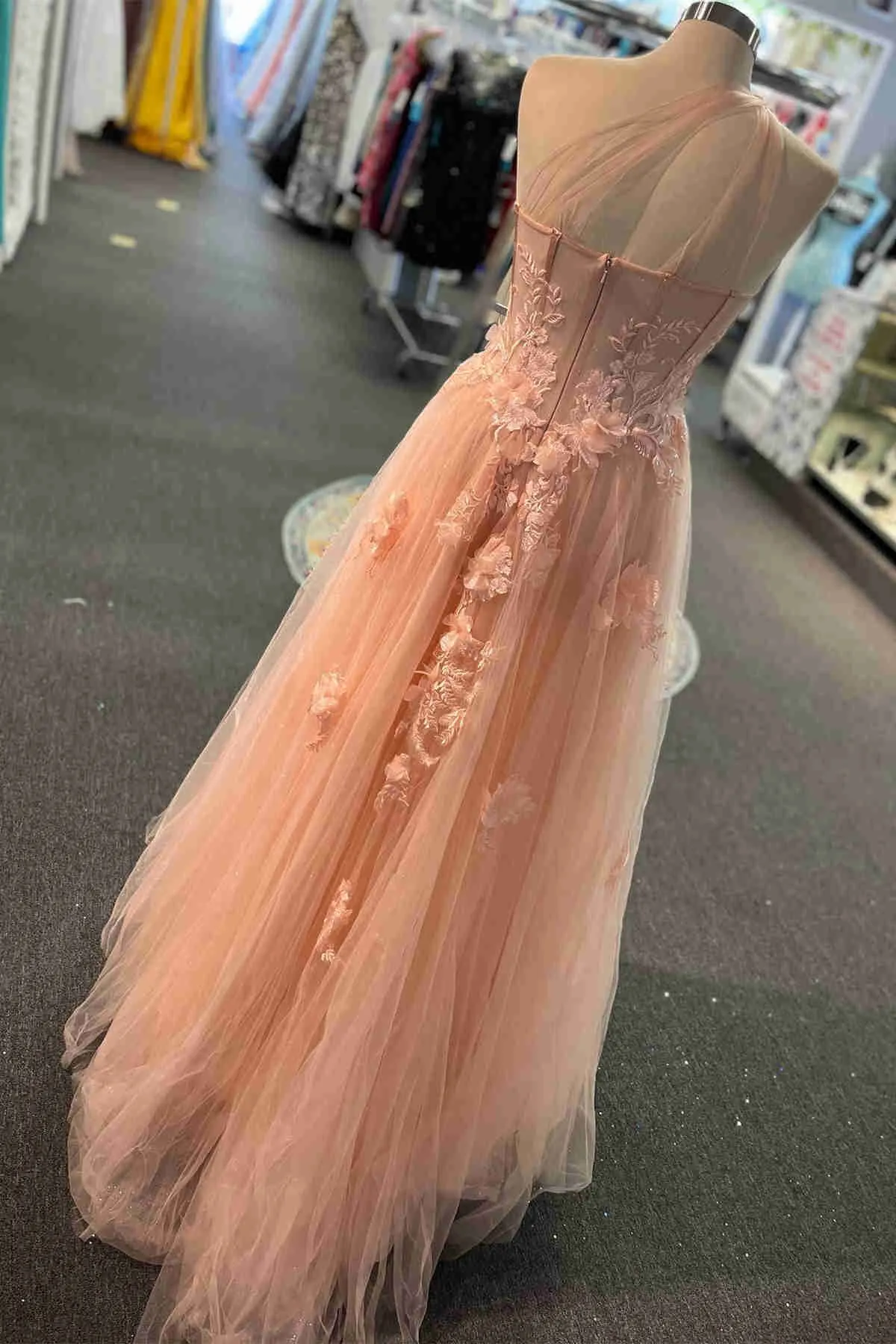One Shoulder Flowers Lace Prom Dresses Applique Sweetheart with Split