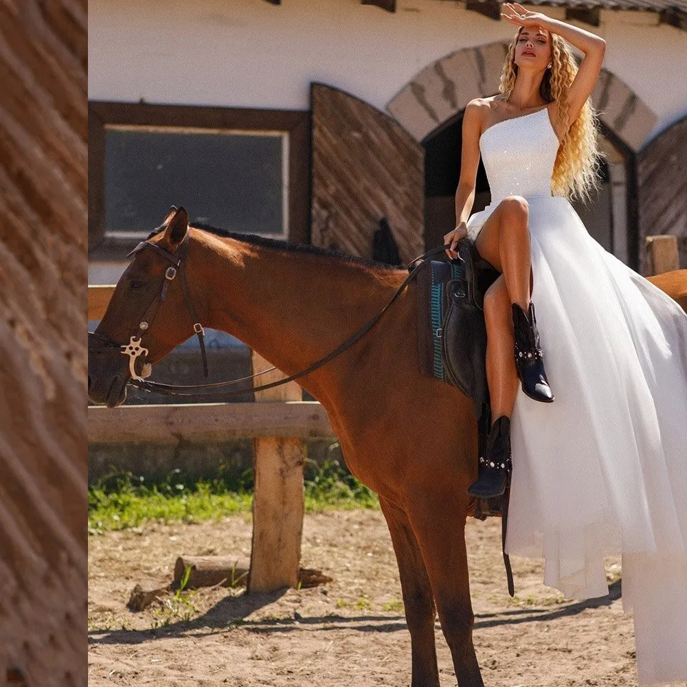 One Shoulder Side Split Wedding Dresses for Women A-Line Detachable