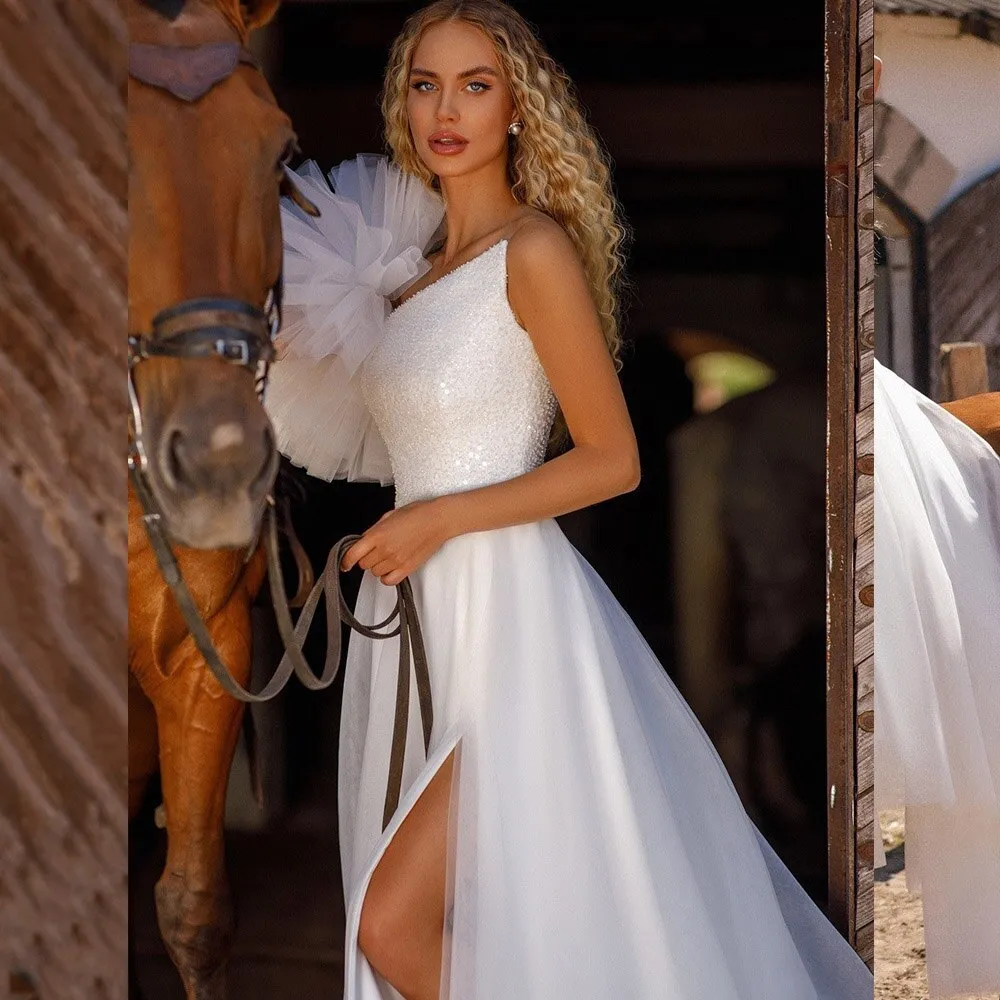 One Shoulder Side Split Wedding Dresses for Women A-Line Detachable