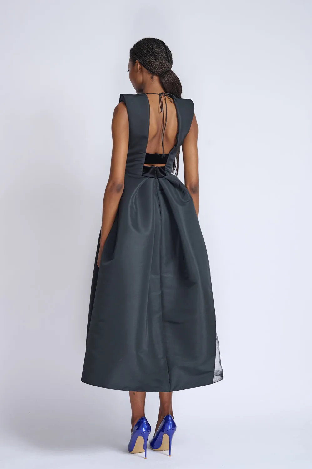 Onyx Faille and Velvet Cocktail Dress with Cloche Skirt