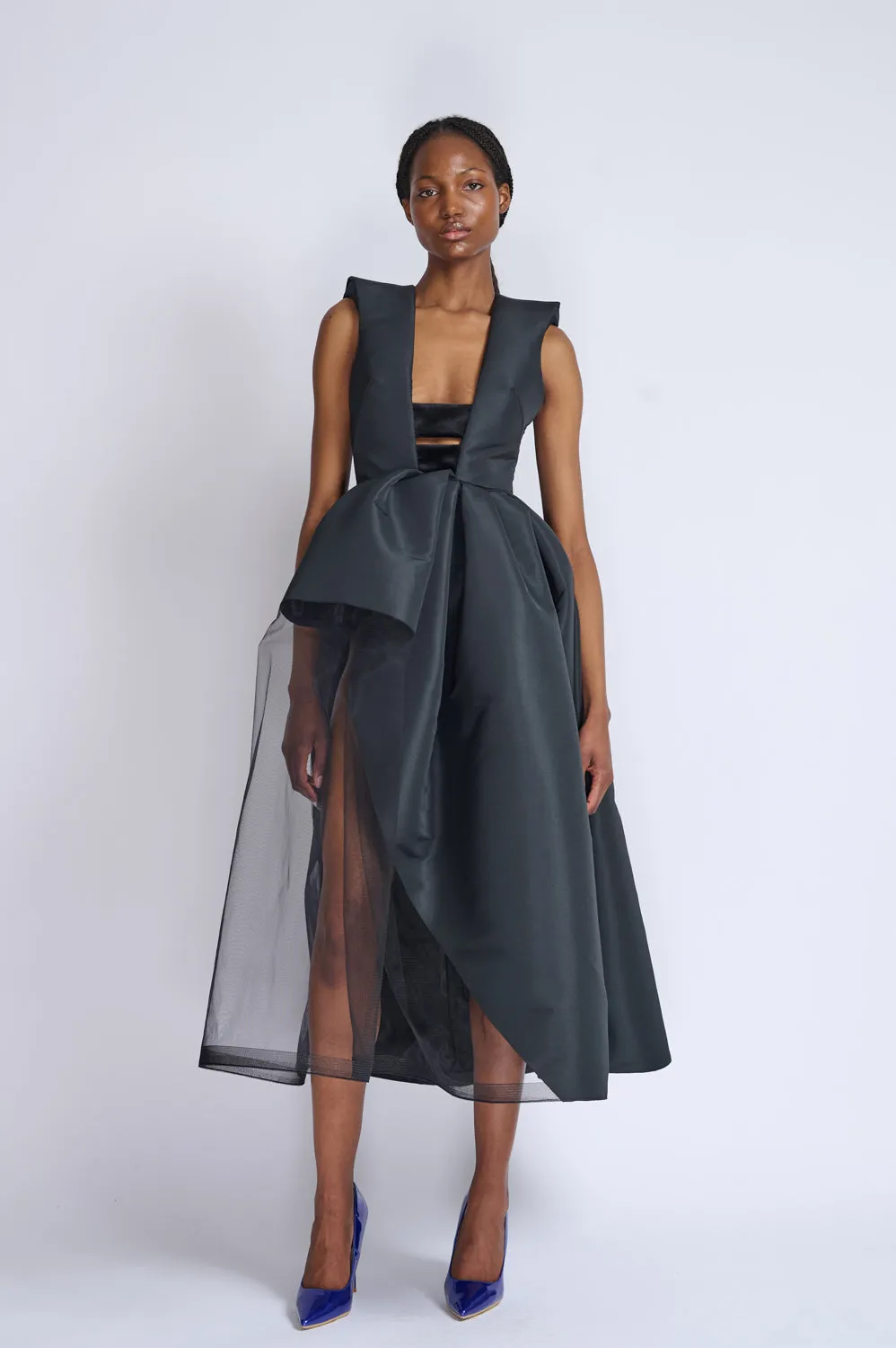 Onyx Faille and Velvet Cocktail Dress with Cloche Skirt