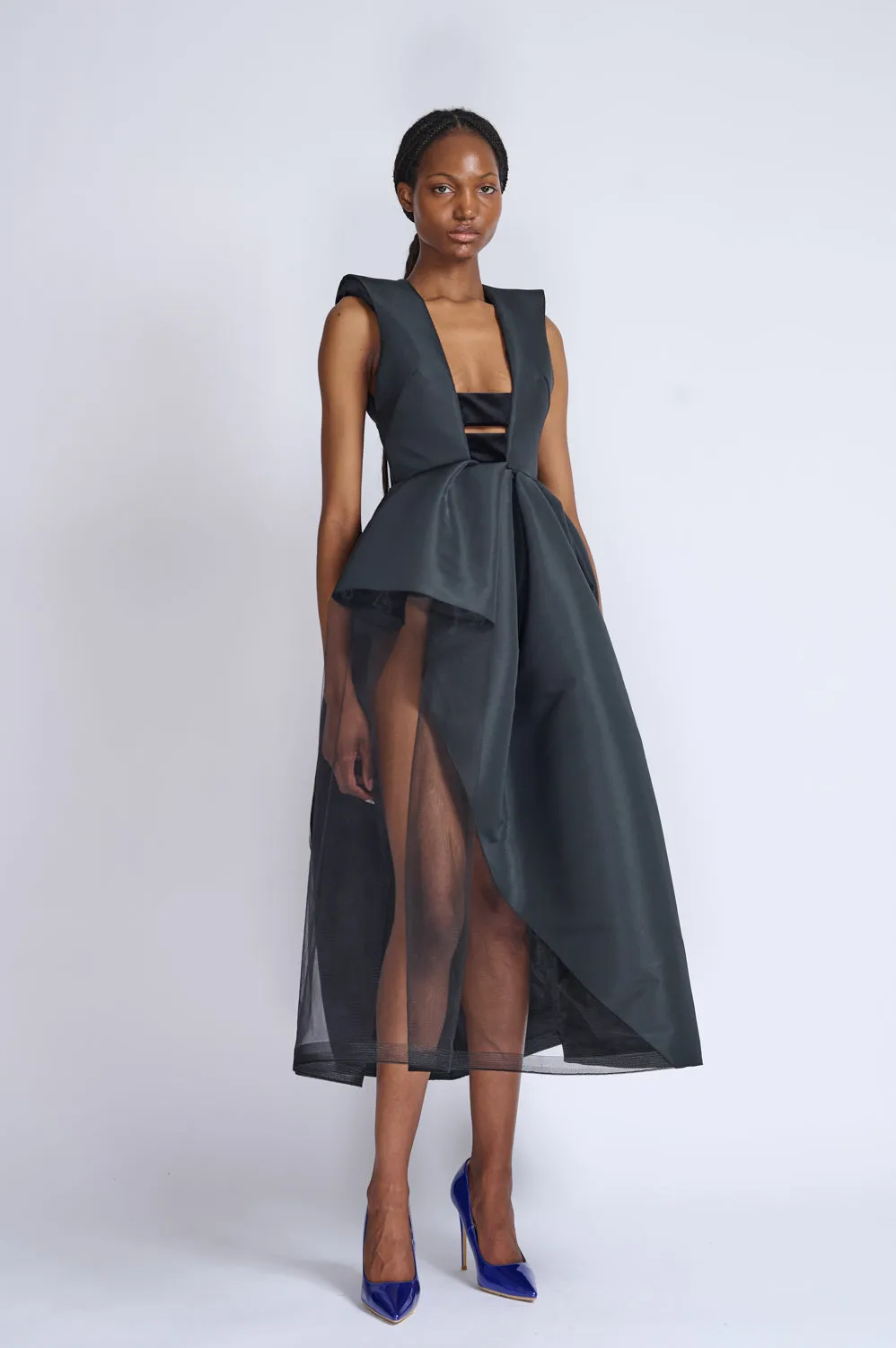 Onyx Faille and Velvet Cocktail Dress with Cloche Skirt