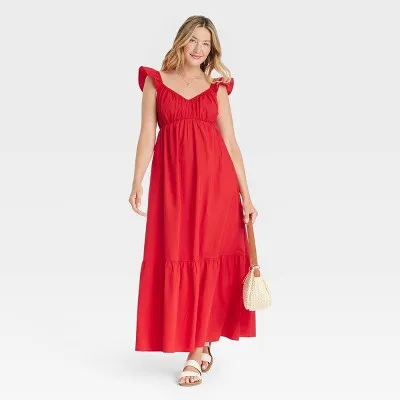 Open Box - Women's Flutter Cap Sleeve Maxi A-Line Dress - Universal Thread Red S