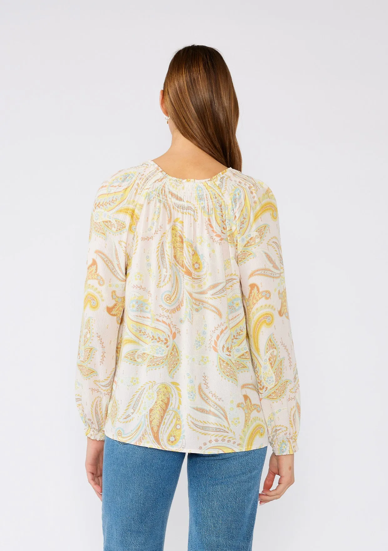Paisley Metallic Detail Long Sleeve Smocked Blouse