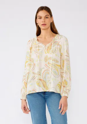Paisley Metallic Detail Long Sleeve Smocked Blouse