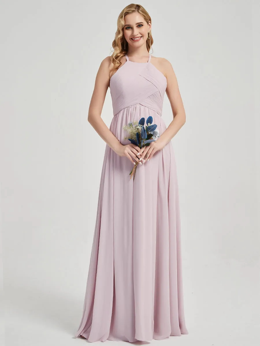 Pale Rose Halter Pleated Keyhole Back Chiffon Maxi Bridesmaid Dress