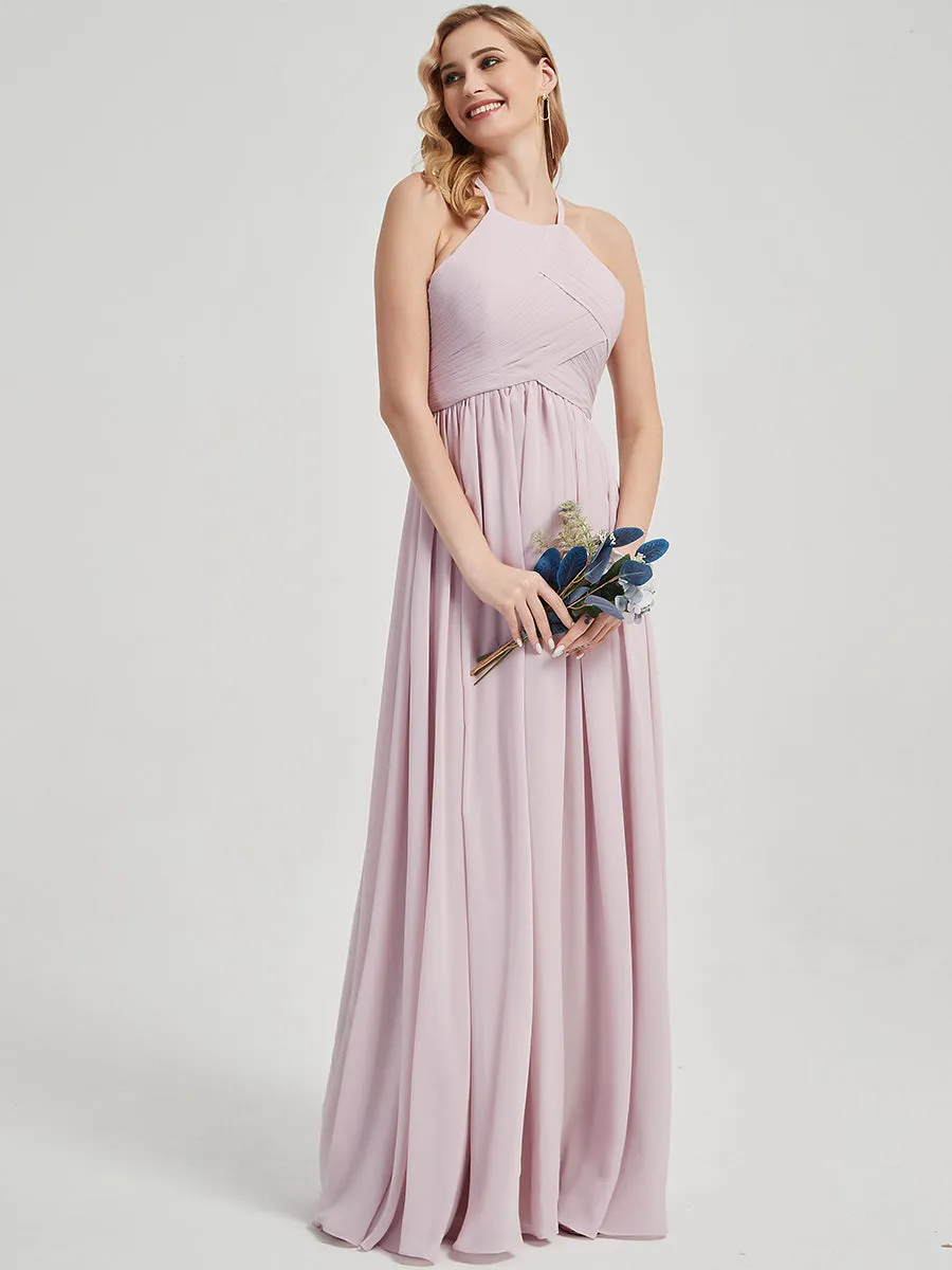 Pale Rose Halter Pleated Keyhole Back Chiffon Maxi Bridesmaid Dress