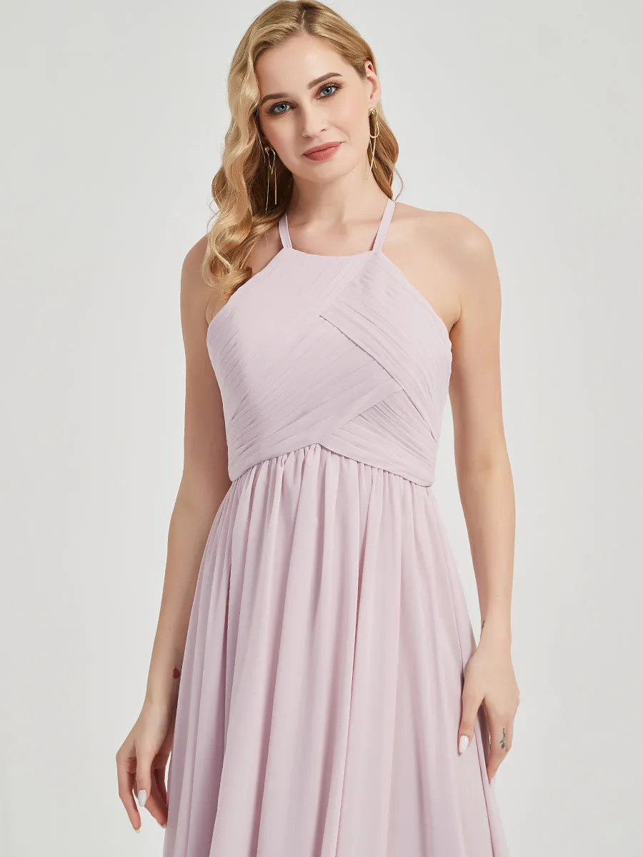 Pale Rose Halter Pleated Keyhole Back Chiffon Maxi Bridesmaid Dress