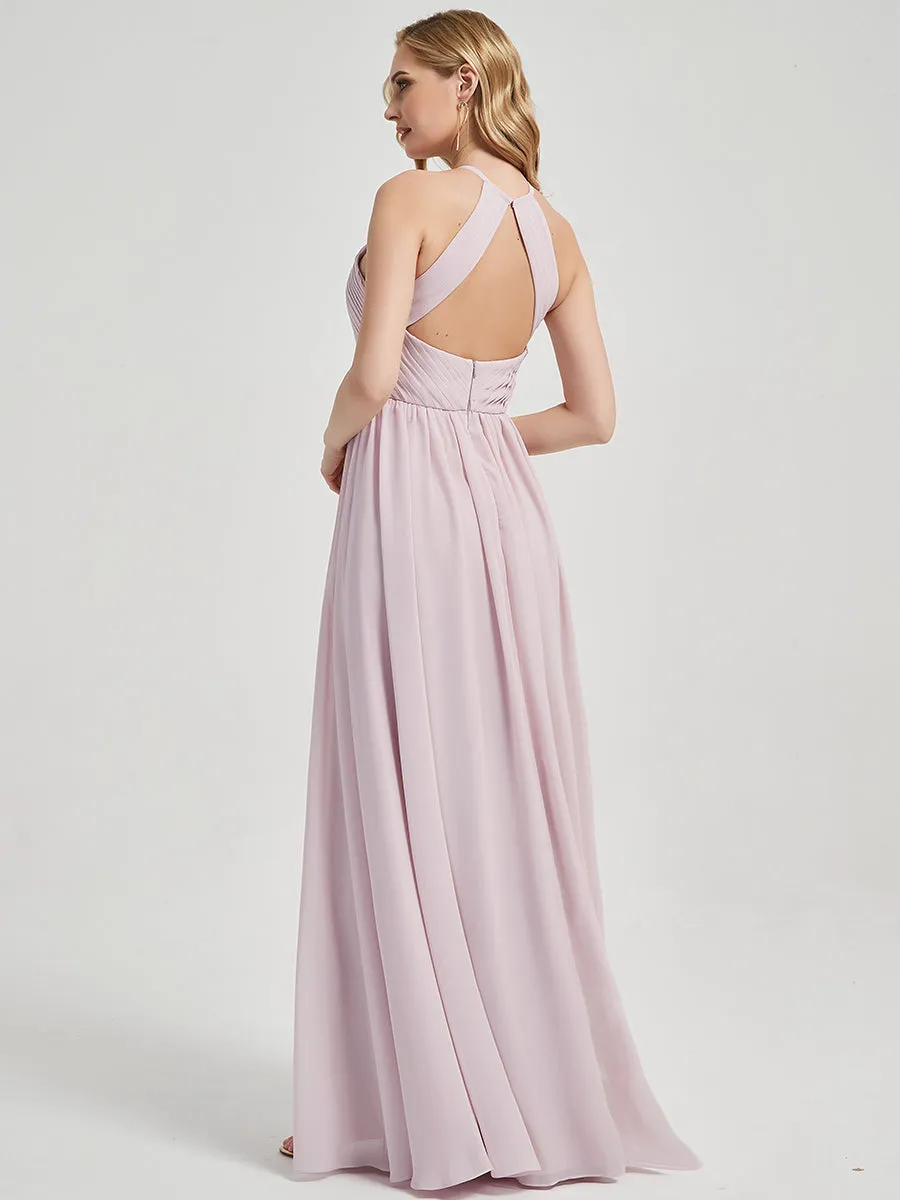 Pale Rose Halter Pleated Keyhole Back Chiffon Maxi Bridesmaid Dress