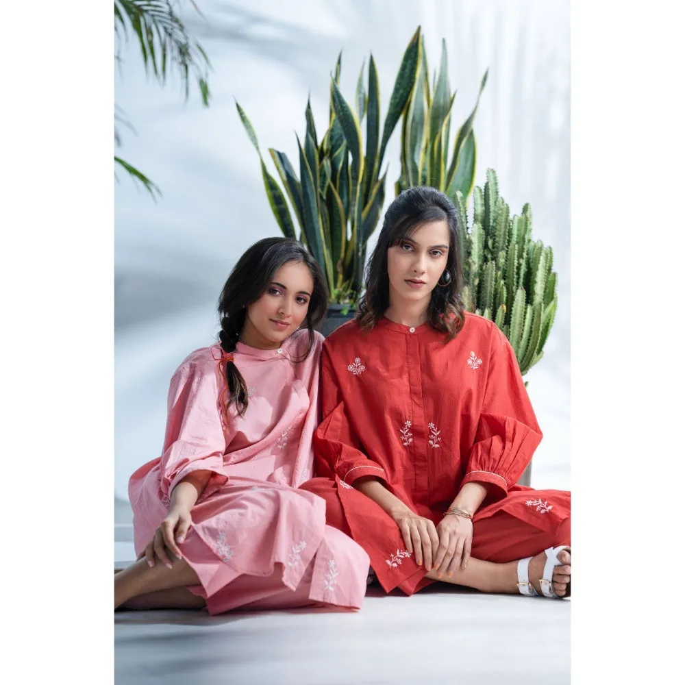 PANTS AND PAJAMAS Claret Red Chikan in Cotton Shirt and Cotton Bottom (Set of 2)