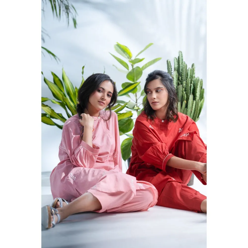 PANTS AND PAJAMAS Claret Red Chikan in Cotton Shirt and Cotton Bottom (Set of 2)