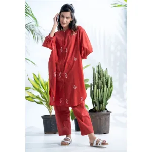 PANTS AND PAJAMAS Claret Red Chikan in Cotton Shirt and Cotton Bottom (Set of 2)