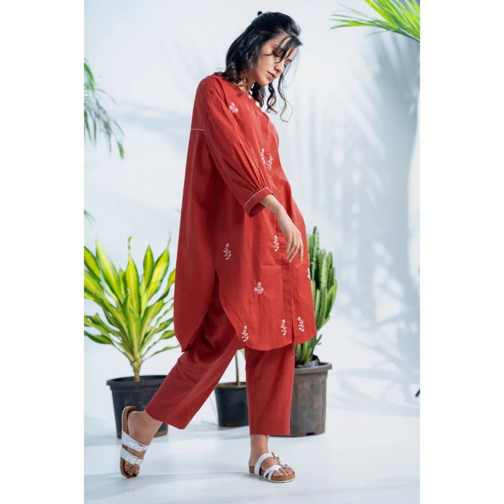 PANTS AND PAJAMAS Claret Red Chikan in Cotton Shirt and Cotton Bottom (Set of 2)
