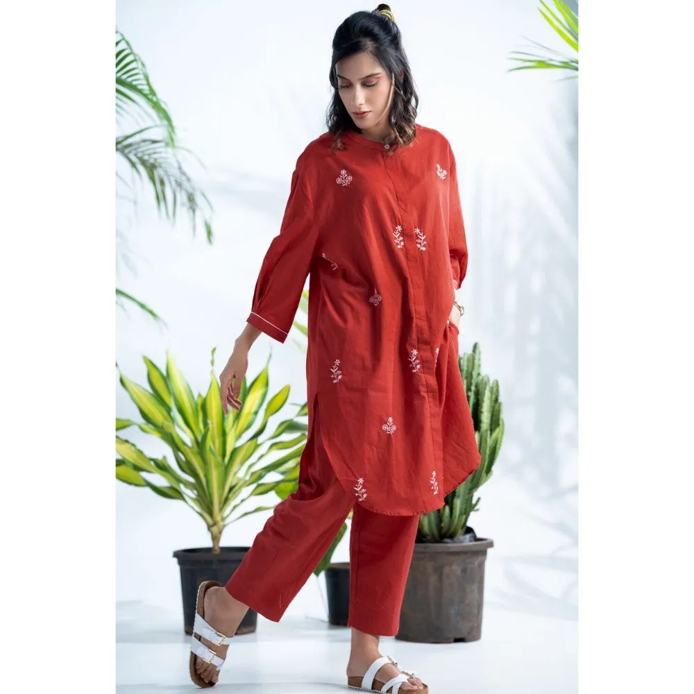 PANTS AND PAJAMAS Claret Red Chikan in Cotton Shirt and Cotton Bottom (Set of 2)