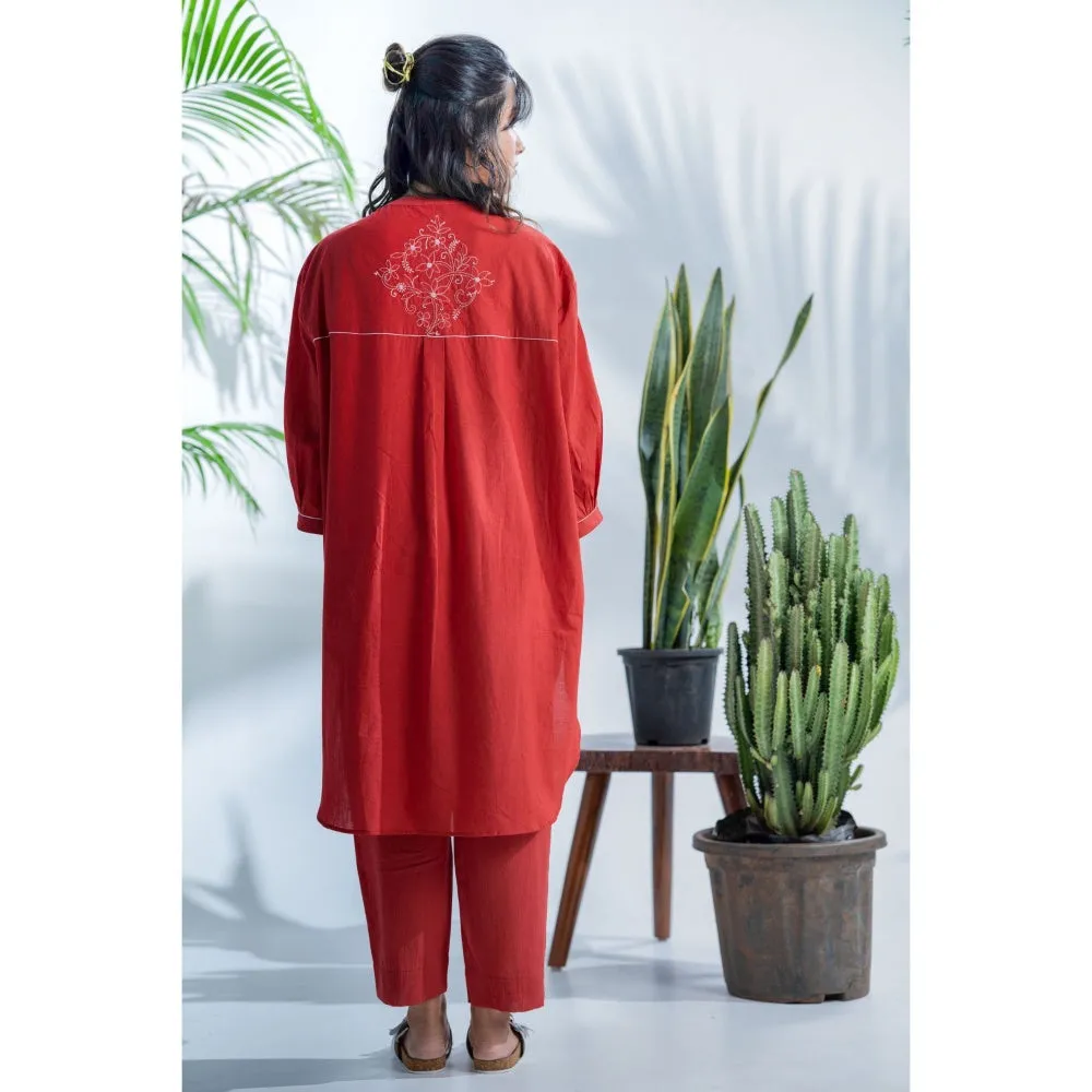 PANTS AND PAJAMAS Claret Red Chikan in Cotton Shirt and Cotton Bottom (Set of 2)