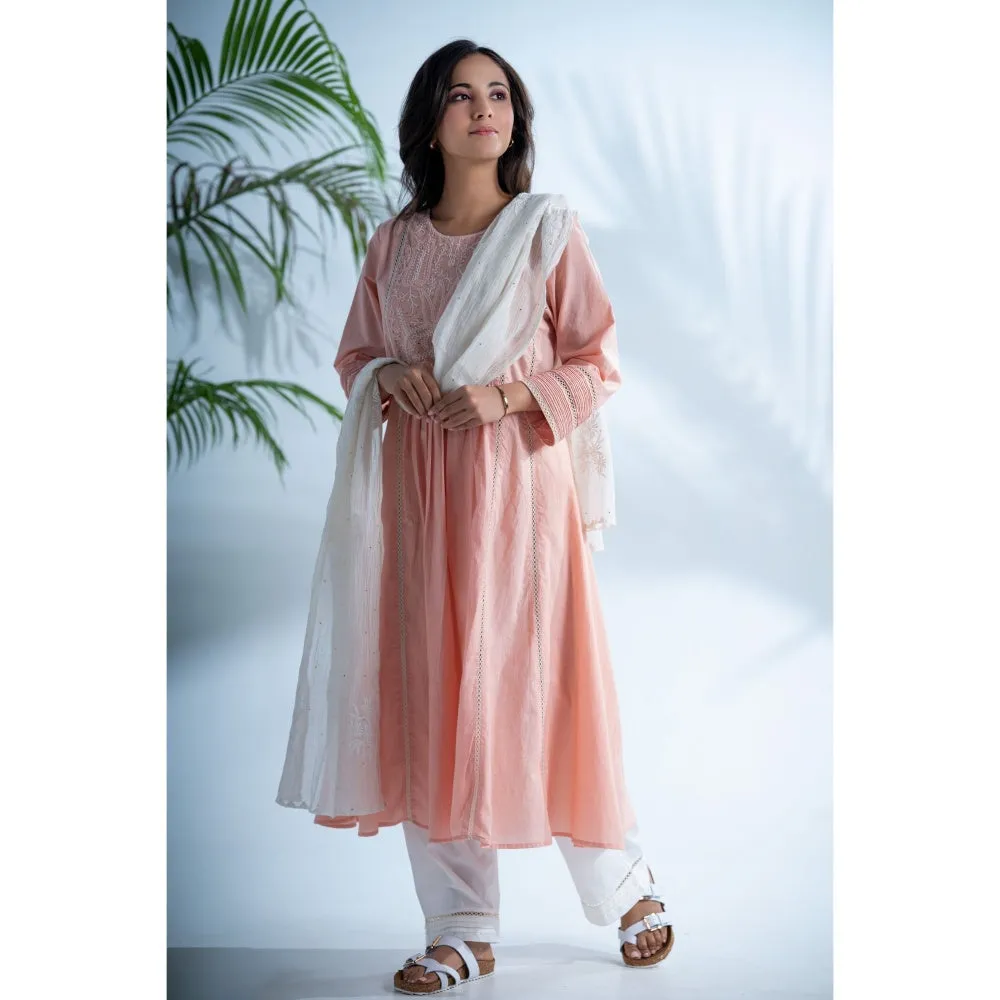 PANTS AND PAJAMAS Rozovo Blush Pink Chikankari in Cotton and Chanderi Dupatta (Set of 3)