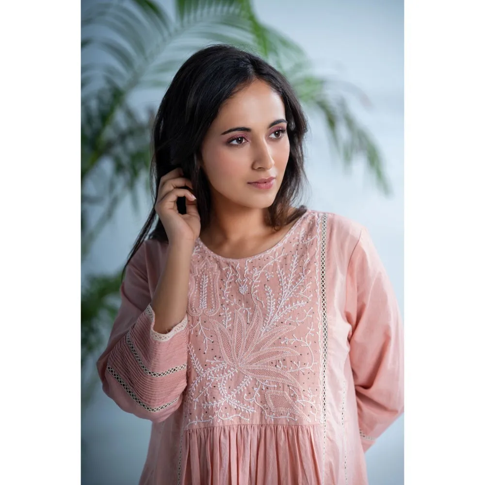 PANTS AND PAJAMAS Rozovo Blush Pink Chikankari in Cotton and Chanderi Dupatta (Set of 3)