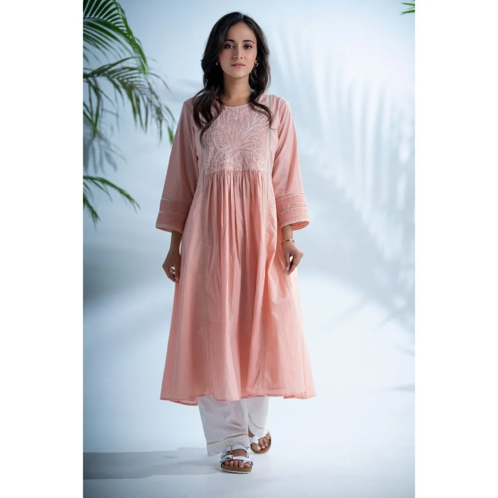 PANTS AND PAJAMAS Rozovo Blush Pink Chikankari in Cotton and Chanderi Dupatta (Set of 3)