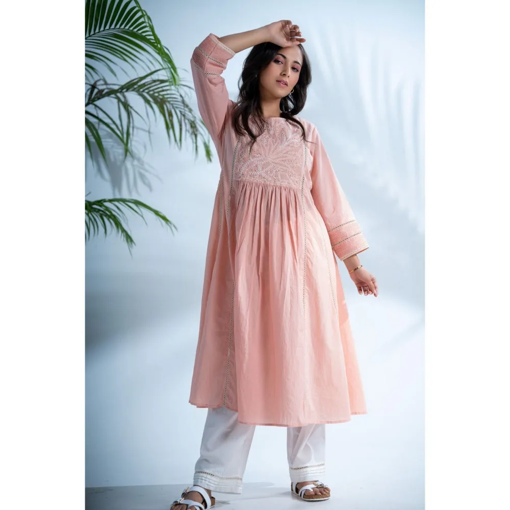 PANTS AND PAJAMAS Rozovo Blush Pink Chikankari in Cotton and Chanderi Dupatta (Set of 3)